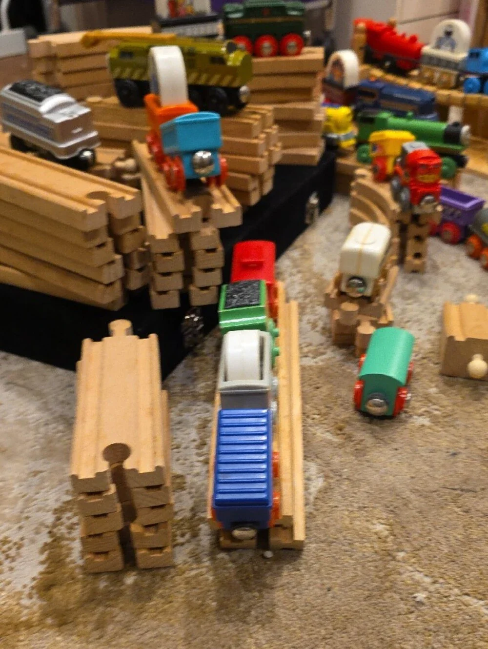 Vintage Multicolor Wooden Train Set with Engines, Cars & Tracks